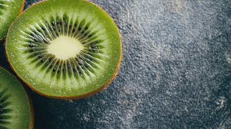 Close-up of ripe kiwi halves with copy space for text, top-down perspectiveの素材