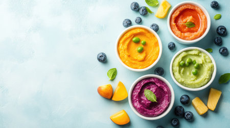Colorful baby meal featuring mashed vegetables and soft fruits, with ample copy spaceの素材