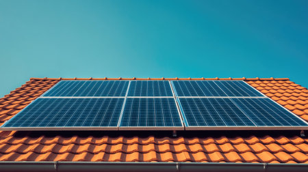 Bright solar panels on roof with clear background for copy spaceの素材