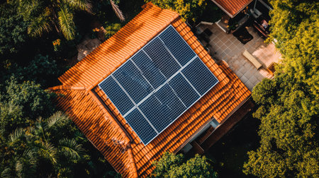 Clean solar cells on a rooftop with room for text, top-down perspectiveの素材