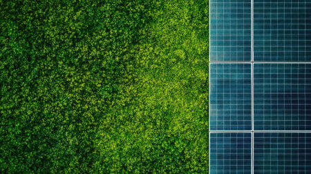 Bright top view of solar panels with open area for adding copyの素材