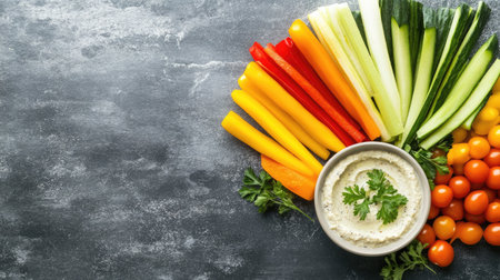 Colorful veggie sticks and hummus for toddlers, arranged with ample copy spaceの素材
