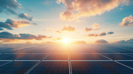 Clean and organized solar cells on roof with large copy spaceの素材