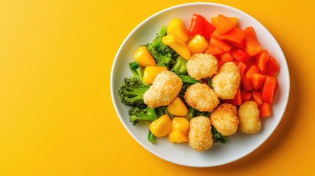 Colorful plate of toddler-friendly mixed vegetables and chicken nuggets, with ample copy spaceの素材