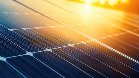 Close-up of solar cells with vibrant sunlight and copy spaceの素材