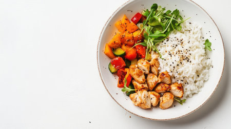 Nutritious meal for toddlers including rice with vegetables and soft chicken, isolated with copy spaceの素材