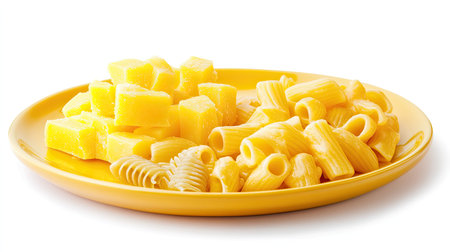 Nutritious baby food plate with soft-cooked pasta and cheese, isolated on white with copy spaceの素材