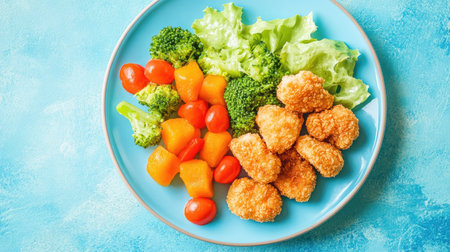 Colorful plate of toddler-friendly mixed vegetables and chicken nuggets, with ample copy spaceの素材