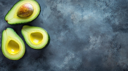 Healthy avocado halves with visible pit, clean top view with space for copyの素材