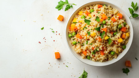 Nutritious baby food of soft-cooked quinoa and finely chopped veggies, isolated with copy spaceの素材