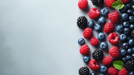 Colorful assortment of berries including blueberries, raspberries, and blackberries with space for textの素材