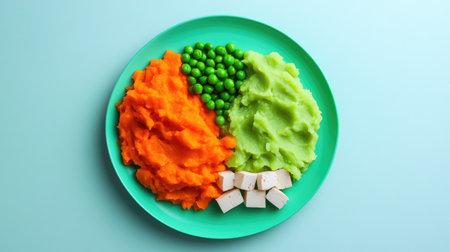 Colorful baby food plate with mashed carrots, peas, and soft tofu, arranged with clean backgroundの素材