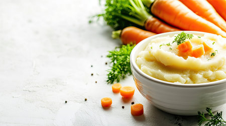Healthy baby food including mashed potatoes and soft-cooked carrots, isolated with copy spaceの素材