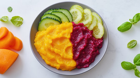 Colorful plate of baby-friendly vegetable and fruit mash, isolated with clean backgroundの素材