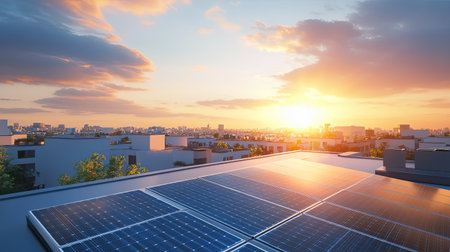 Solar cells on a rooftop with plenty of open space for textの素材