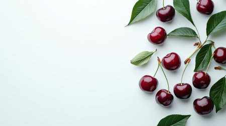 Fresh cherries on a clean white background, ideal for text placementの素材