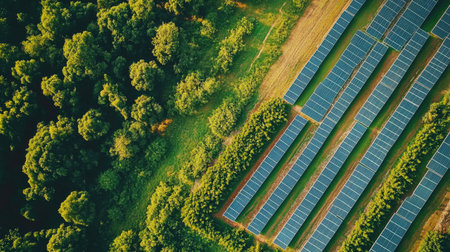 Solar energy panels from above with clear blue sky and space for copyの素材