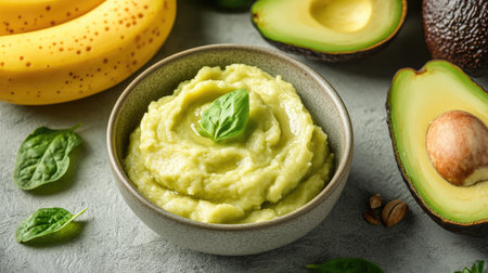 Healthy baby food including mashed avocado and banana puree, isolated with clean backgroundの素材