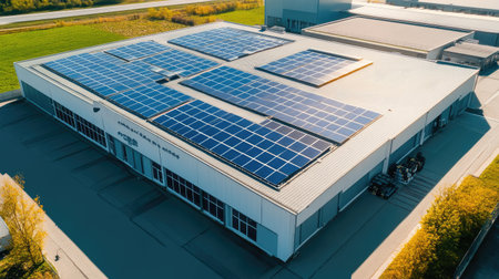 Modern solar panels on a building roof with expansive copy areaの素材