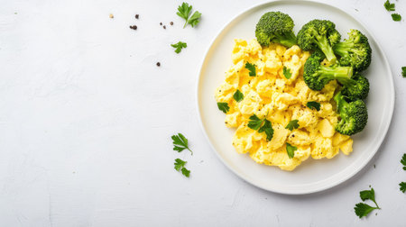 Nutritious baby meal of soft scrambled eggs and steamed broccoli, clean background for textの素材