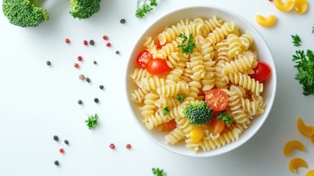 Nutritious baby food featuring soft-cooked pasta and finely chopped vegetables, isolated with copy spaceの素材