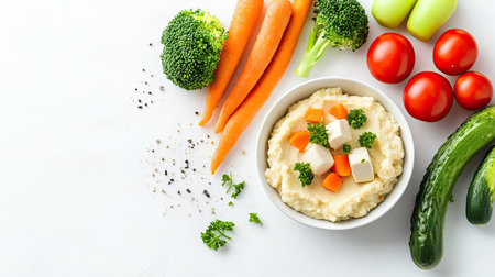Nutritious baby meal of soft-cooked vegetables and mashed tofu, isolated on white with copy spaceの素材