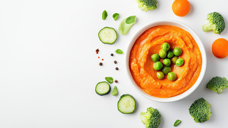 Nutritious baby meal of soft-cooked vegetables and mashed tofu, isolated on white with copy spaceの素材