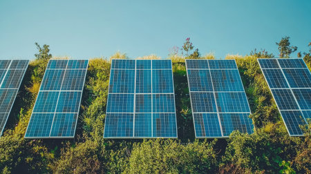 Solar energy panels from above with clear blue sky and space for copyの素材