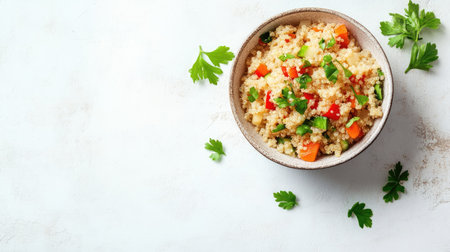Nutritious baby food of soft-cooked quinoa and finely chopped veggies, isolated with copy spaceの素材