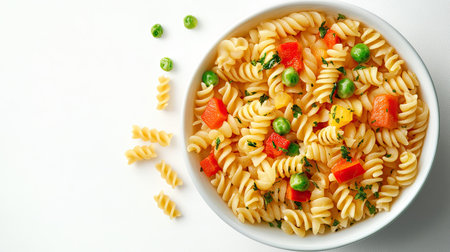 Nutritious baby food featuring soft-cooked pasta and finely chopped vegetables, isolated with copy spaceの素材