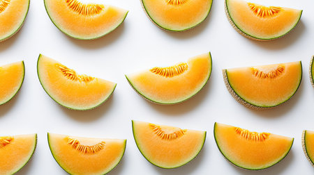 Sliced cantaloupe melon arranged neatly on a white background, ample copy spaceの素材