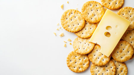 Nutritious baby snack of whole grain crackers and cheese slices, isolated with copy spaceの素材