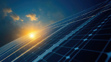 Solar panels from above, with clear space for promotional messagesの素材