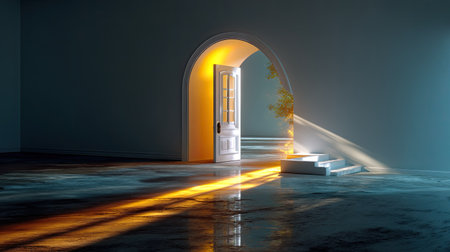 A captivating image of an open door in a serene interior, where gentle light flows in, creating a warm and inviting atmosphere. Perfect for thematic concepts.の素材