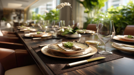 A beautifully arranged dining table featuring exquisite plates, elegant glassware, and a backdrop of lush greenery, perfect for upscale gatherings.の素材