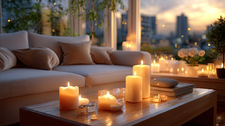 A cozy living room scene with flickering candles creating a warm and inviting atmosphere at sunset. The elegant decor and soft glow evoke tranquility, perfect for relaxation and intimacy.の素材