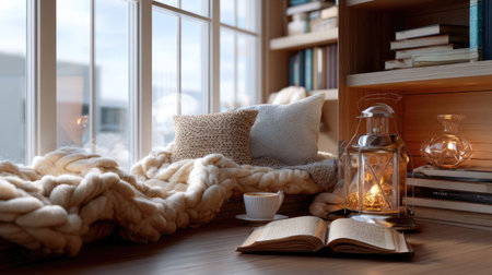 A serene reading nook featuring soft blankets, a warm glowing lantern, an open book, and a cup of tea, creating an inviting atmosphere for relaxation.の素材