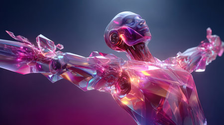 This striking image features a futuristic humanoid robot made of crystalline materials, embodying a vibrant spectrum of colors, symbolizing advanced technology and artistic innovation.の素材