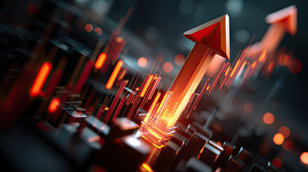 This vivid image depicts a dynamic orange arrow symbolizing growth and progress, set against a dark background filled with abstract data visualizations.の素材