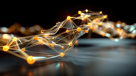 This captivating abstract image showcases a molecular network, featuring glowing nodes and interconnected lines, set against a dark backdrop.の素材