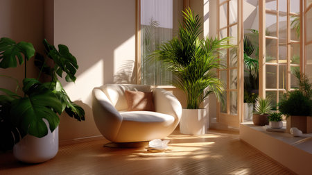 A serene indoor space featuring a comfortable modern chair surrounded by lush green plants. Sunlight streams through large windows, enhancing the peaceful atmosphere.の素材