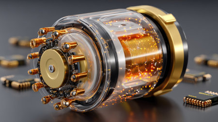 This image features a futuristic energy device showcasing transparent elements, glowing wiring, and intricate electronic circuits, emphasizing advanced technology.の素材