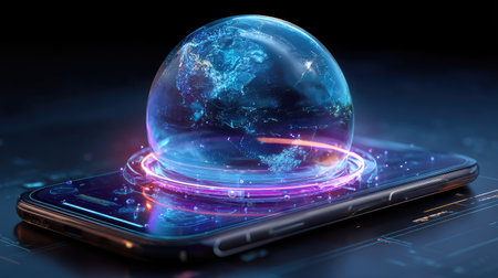A futuristic smartphone displays a transparent globe, showcasing a global map with vibrant neon lights. This digital artwork depicts innovation and technology in a dark environment.の素材