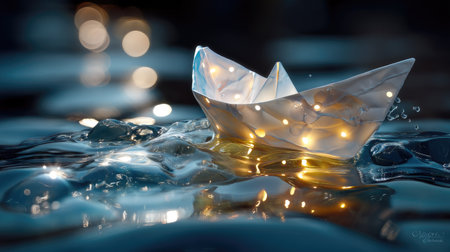 This enchanting image features a delicate paper boat illuminated with soft lights, gracefully floating on tranquil water. The dreamy bokeh background enhances its serene charm, evoking feelings of nostalgia and creativity.の素材