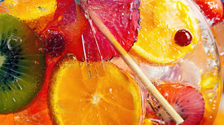Close-up of a colorful fruit cocktail with a cocktail umbrellaの素材
