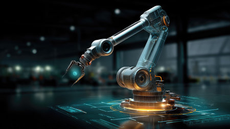 This image features a sophisticated robotic arm exemplifying the latest advancements in automation, set against a sleek industrial backdrop with digital overlays.の素材