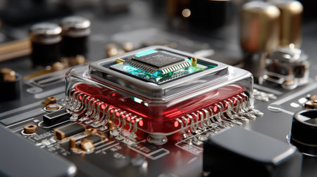 This close-up image showcases a modern microchip mounted on a detailed circuit board, highlighting intricate connections and glowing elements that symbolize advanced technology.の素材