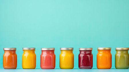 Freshly prepared baby food in colorful jars arranged on a table with ample copy spaceの素材