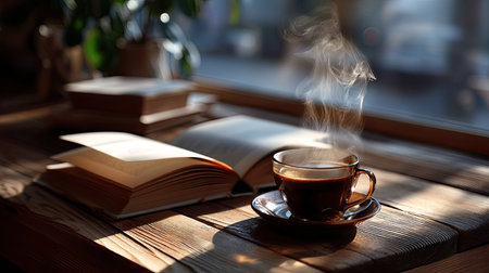 A steaming cup of coffee rests on a wooden table next to an open book, bathed in warm sunlight, creating a tranquil reading atmosphere. Perfect for relaxation.の素材