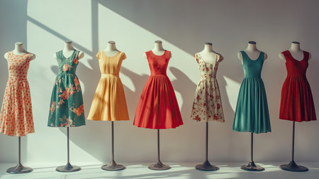 Stylish summer dresses showcased on mannequins with a crisp white backdrop, plenty of room for textの素材